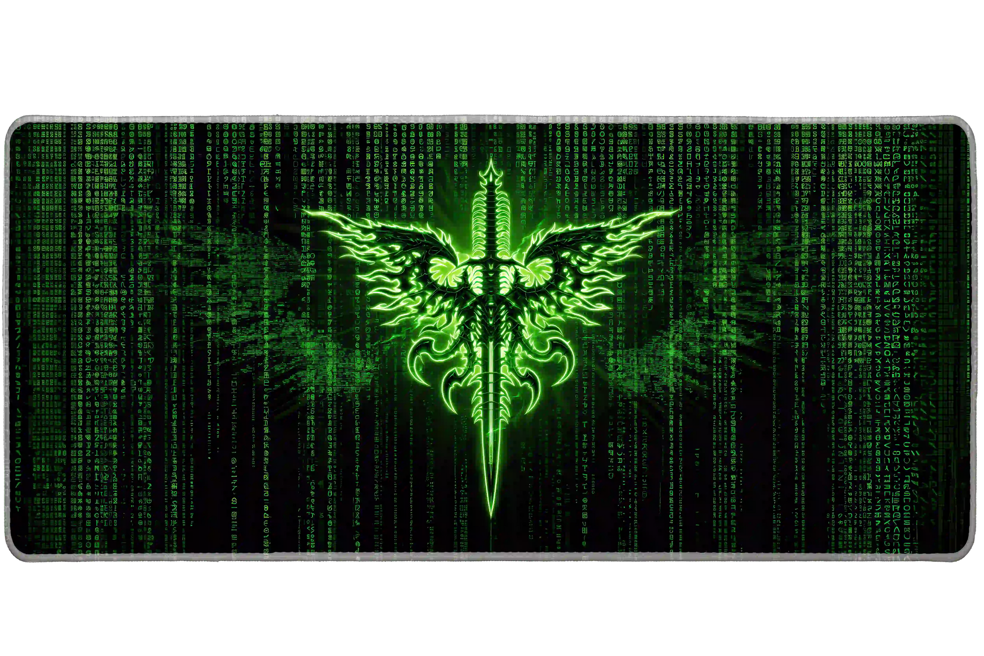 Neon green cyber code sigil desk mat shown in its wide-format artwork view