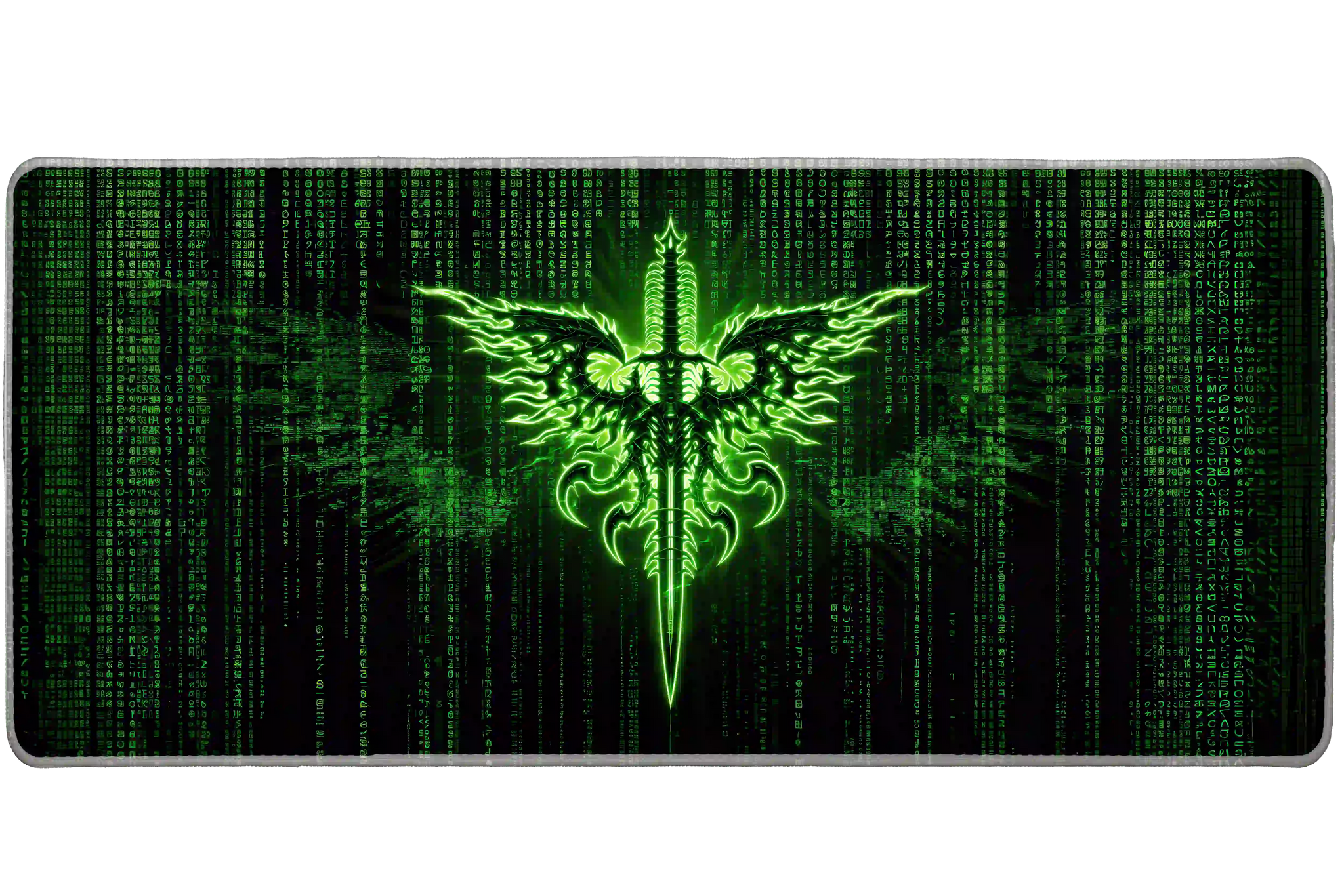 Neon green cyber code sigil desk mat shown in its wide-format artwork view