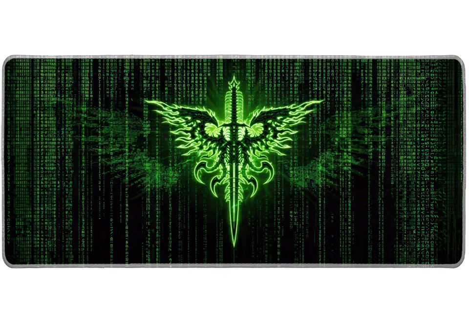 Neon green cyber code sigil desk mat shown in its wide-format artwork view