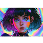 Cyber Y2K anime girl desk mat with short dark hair, a skull hair clip and rainbow neon glitch effects