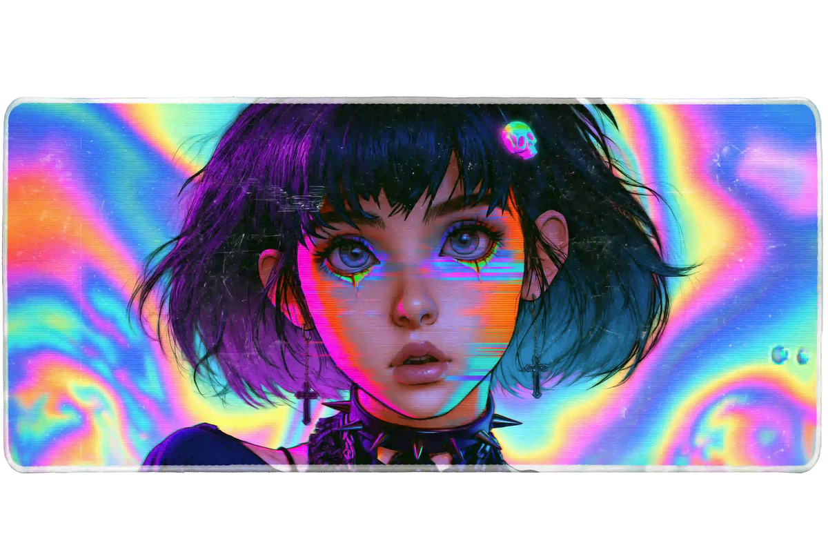 Cyber Y2K anime girl desk mat with short dark hair, a skull hair clip and rainbow neon glitch effects