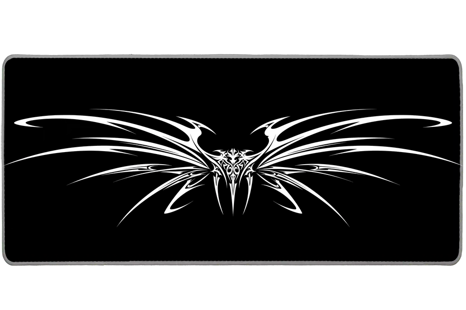 Extended mouse pad featuring the full black and white cyber tribal wings design for work or gaming