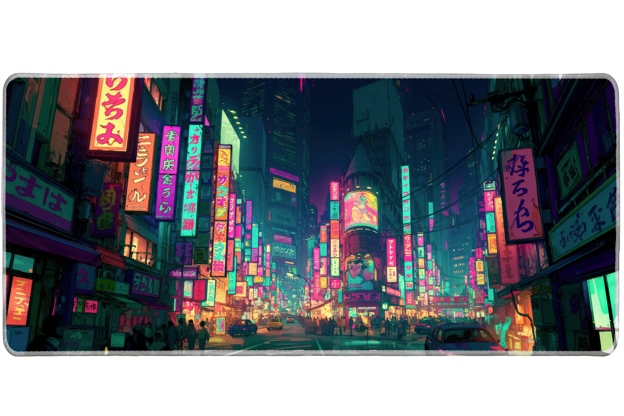 Cyberpunk Tokyo Night Desk Mat | Neon City Mouse Pad artwork on an extended desk mat with futuristic Tokyo night street artwork
