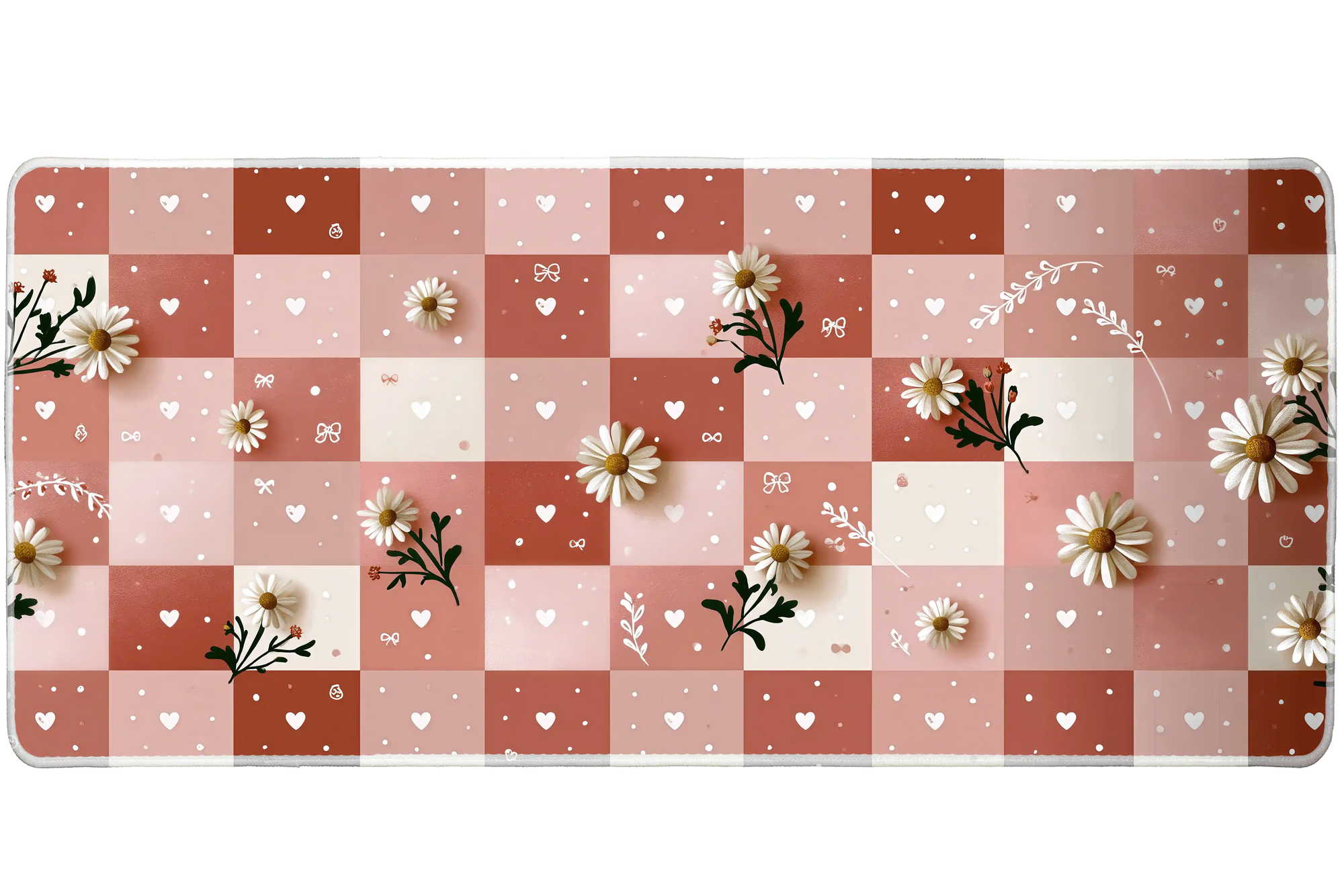 Pink Checker Daisy Desk Mat | Heart Floral Pattern artwork on an extended desk mat with pink checker daisy design