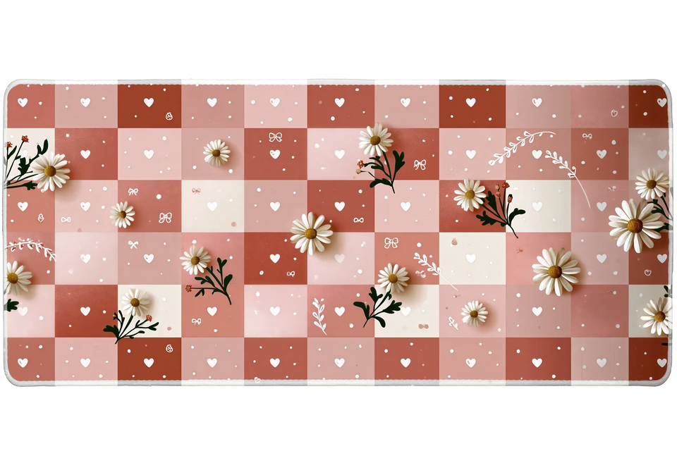 Pink Checker Daisy Desk Mat | Heart Floral Pattern artwork on an extended desk mat with pink checker daisy design