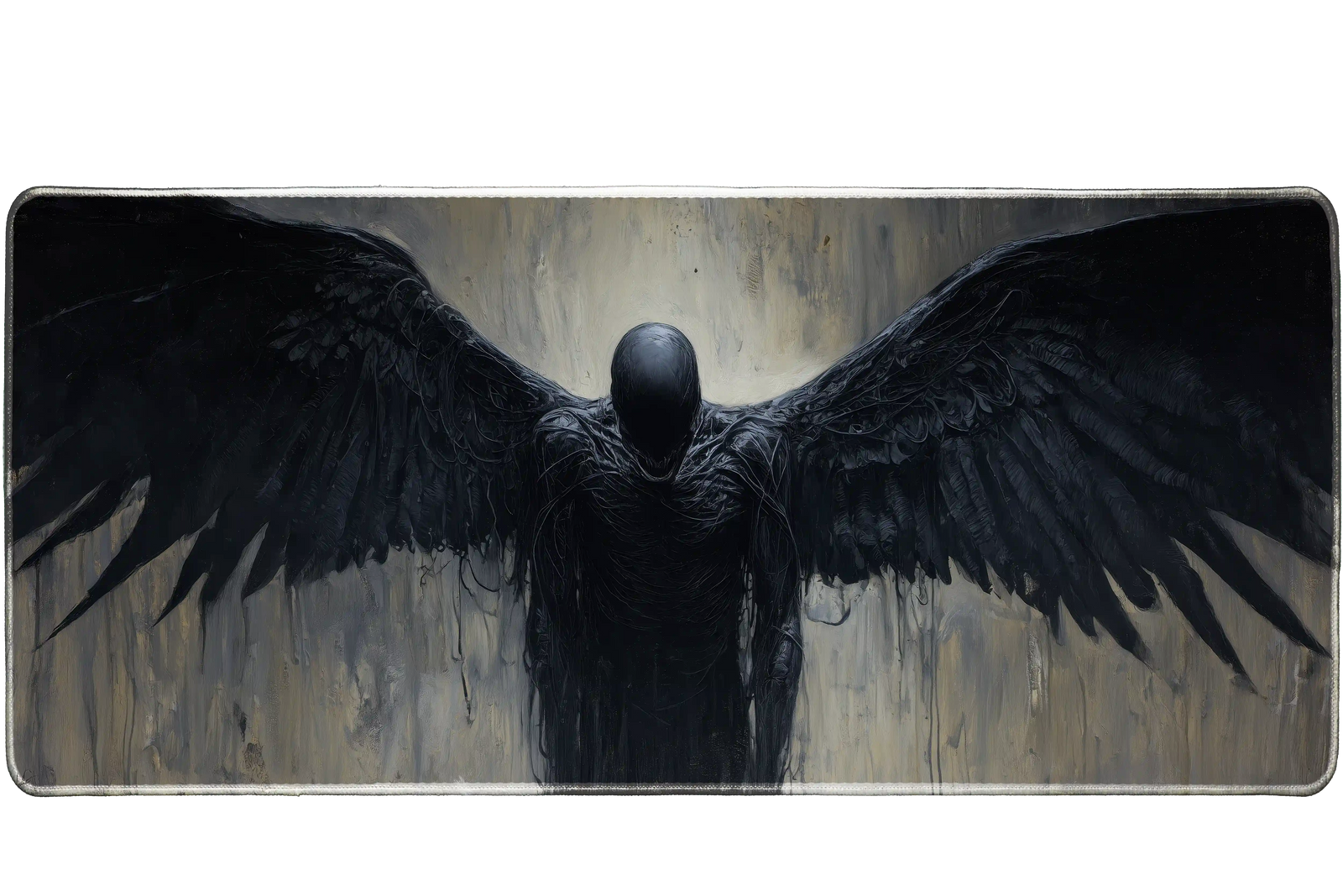Fantasy 90x40cm custom desk mat featuring dark angel with outstretched wings in moody tones, non-slip rubber – Print My Pad