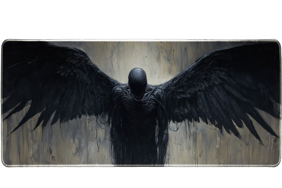 Fantasy 90x40cm custom desk mat featuring dark angel with outstretched wings in moody tones, non-slip rubber – Print My Pad