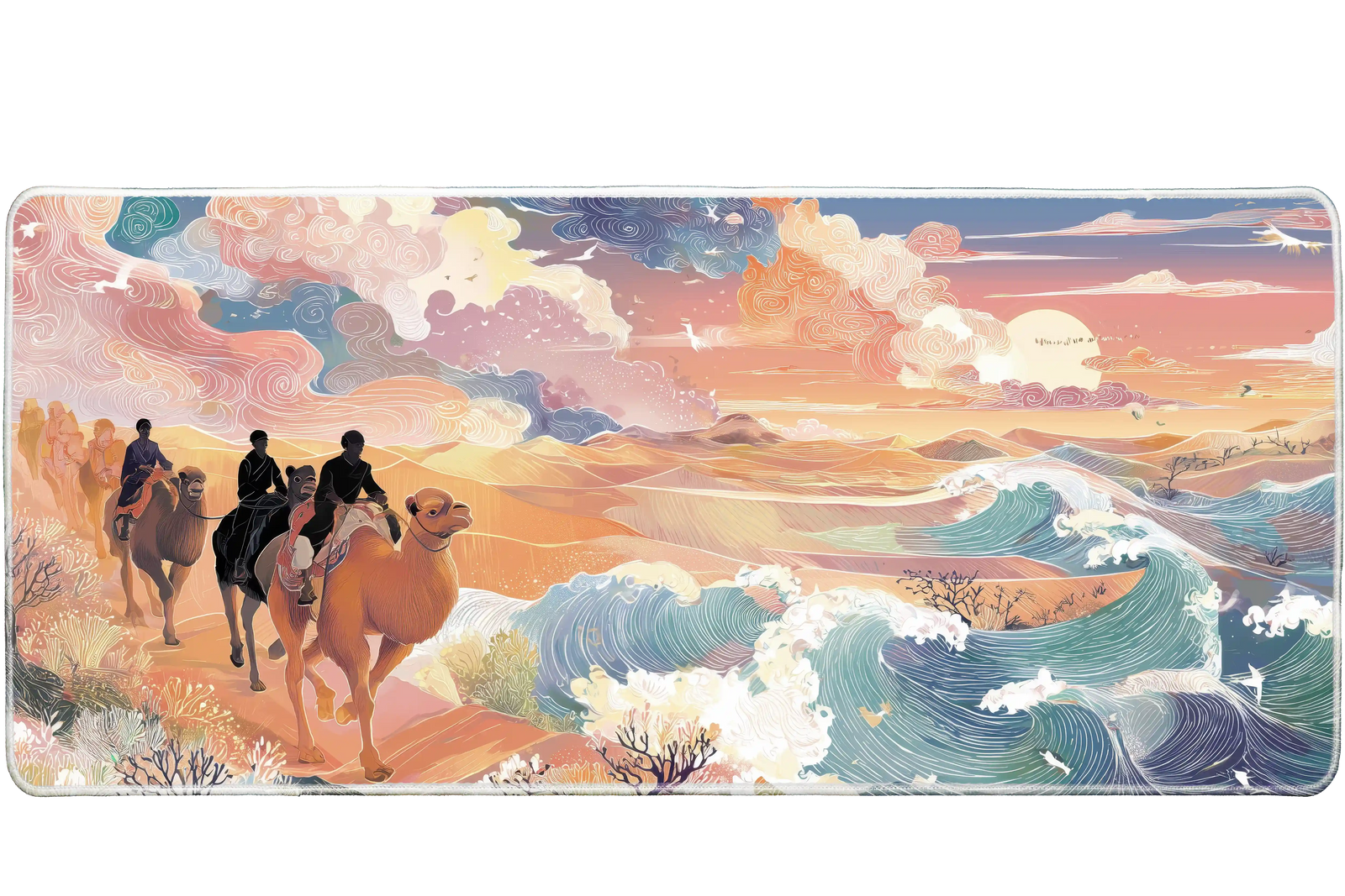Landscape 36x16in custom mouse pad featuring caravan crossing desert with swirling ocean waves, stitched edge – PrintMyPad