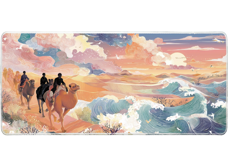 Landscape 36x16in custom mouse pad featuring caravan crossing desert with swirling ocean waves, stitched edge – PrintMyPad