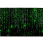 Complete neon green digital code pattern artwork printed across a large keyboard and mouse mat