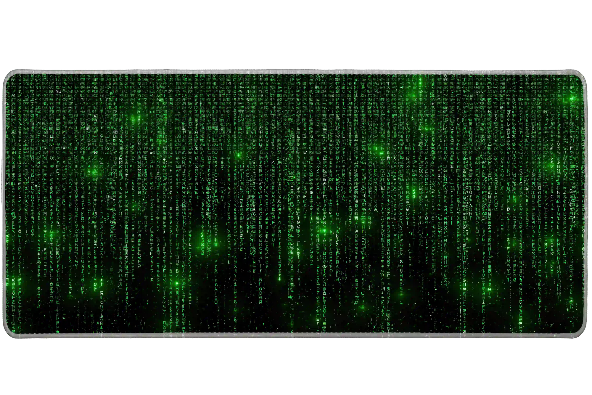Complete neon green digital code pattern artwork printed across a large keyboard and mouse mat