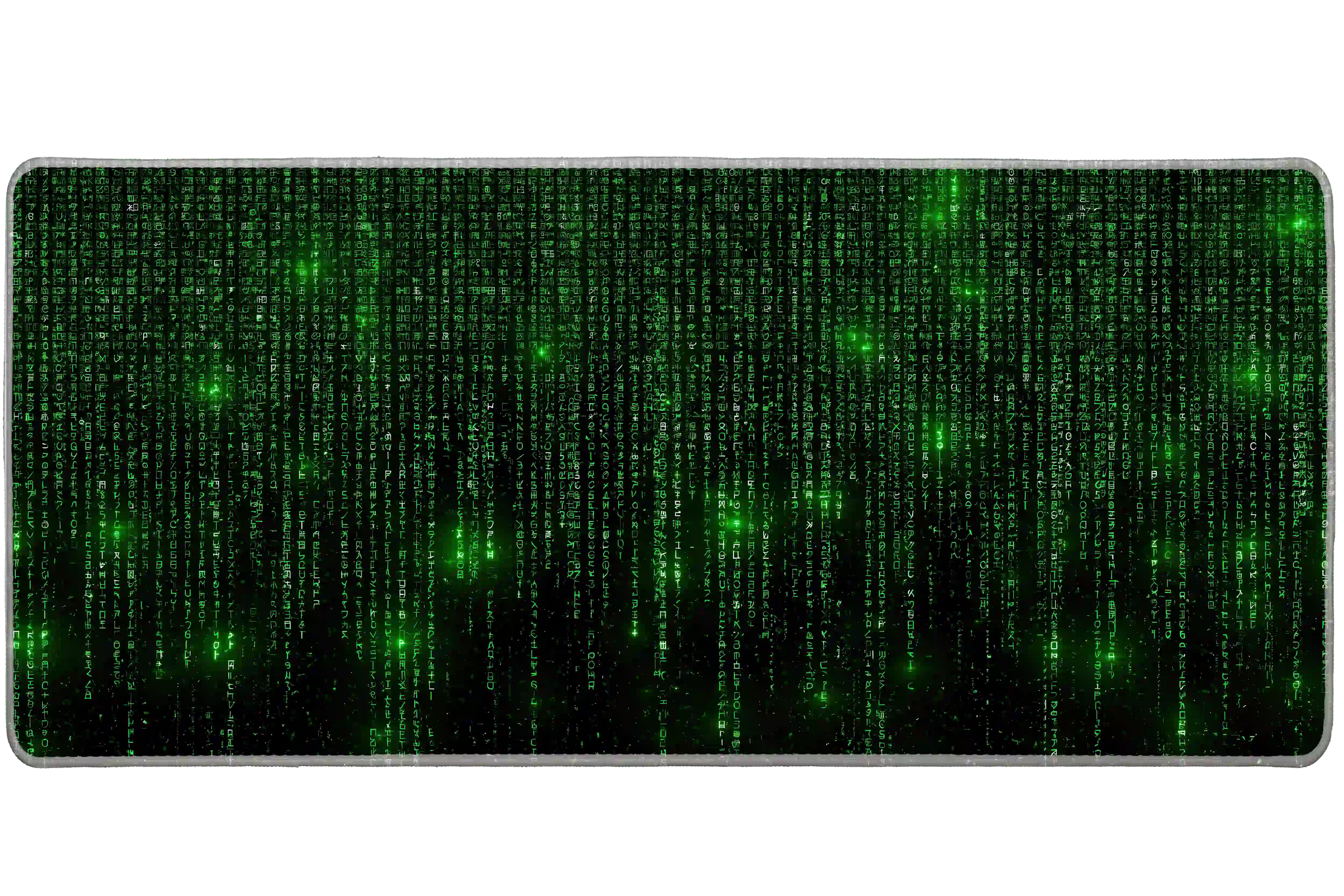 Complete neon green digital code pattern artwork printed across a large keyboard and mouse mat