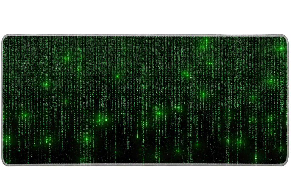 Complete neon green digital code pattern artwork printed across a large keyboard and mouse mat