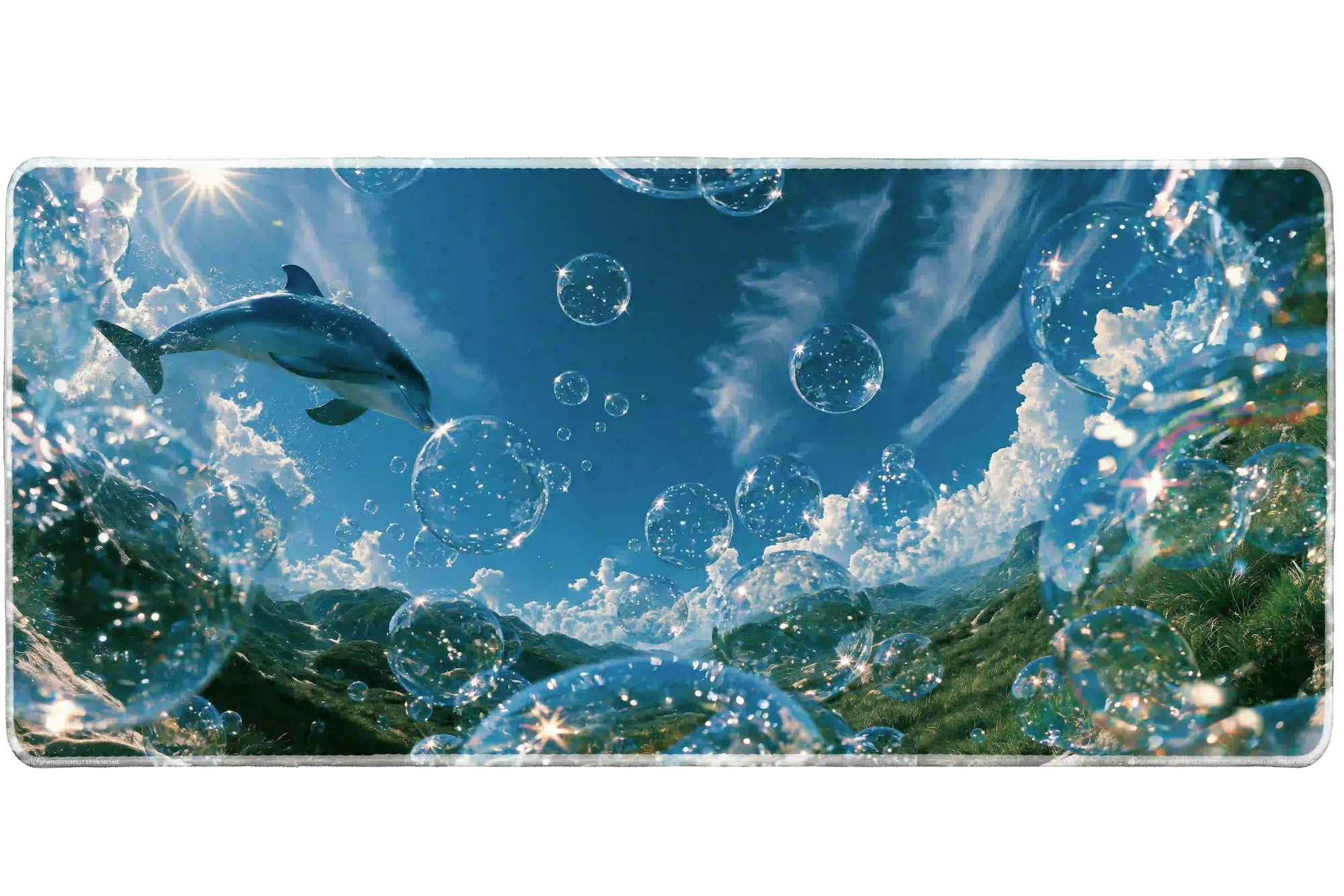 Frutiger Aero Dolphin Bubble desk mat artwork in a wide product view