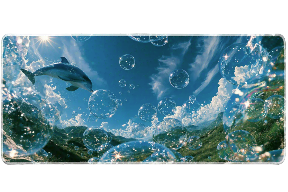 Frutiger Aero Dolphin Bubble desk mat artwork in a wide product view