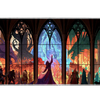 Wide view of the Gothic Dragon Stained Glass desk mat featuring dragons, cathedral windows and jewel-toned stained glass