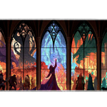Wide view of the Gothic Dragon Stained Glass desk mat featuring dragons, cathedral windows and jewel-toned stained glass