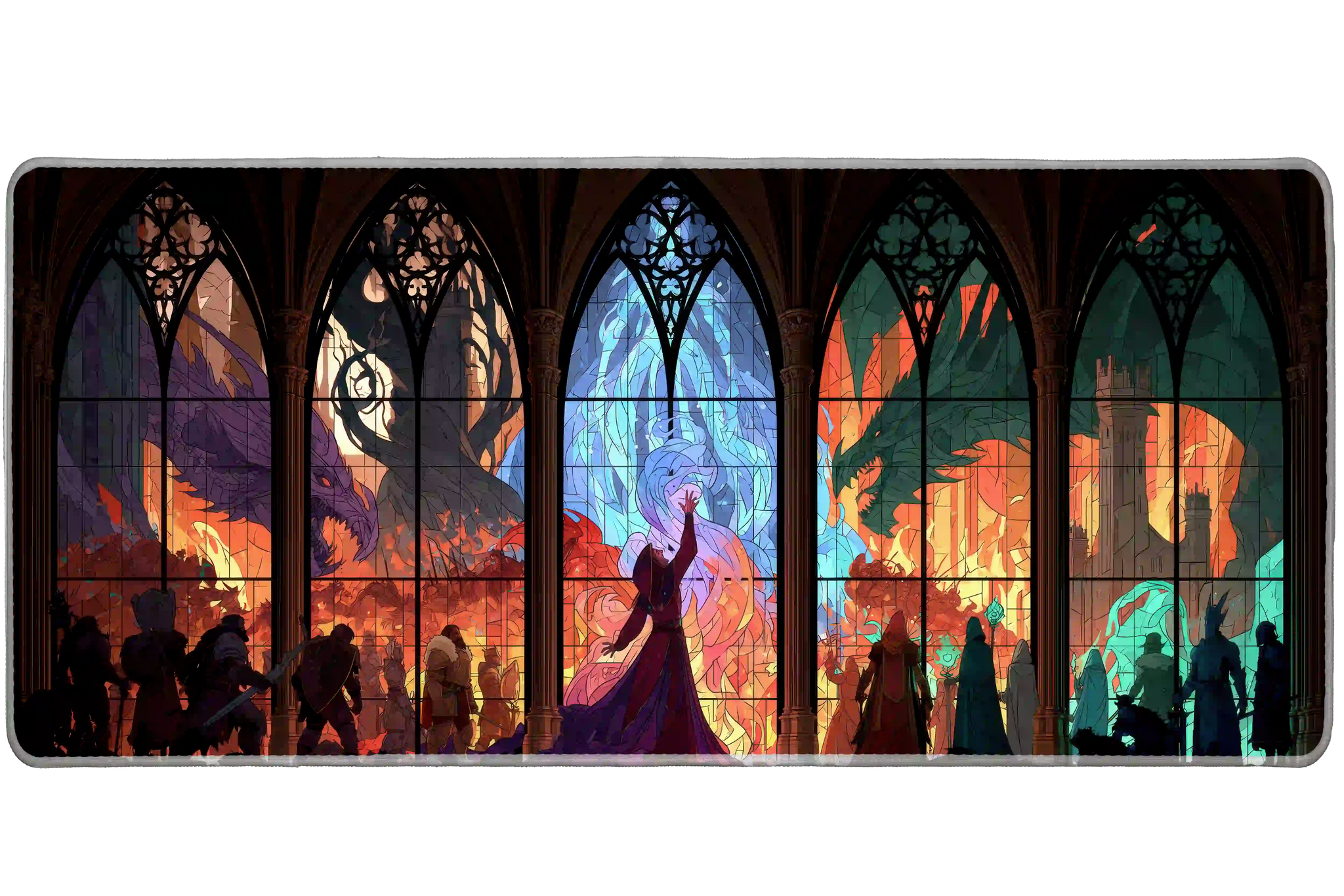 Wide view of the Gothic Dragon Stained Glass desk mat featuring dragons, cathedral windows and jewel-toned stained glass