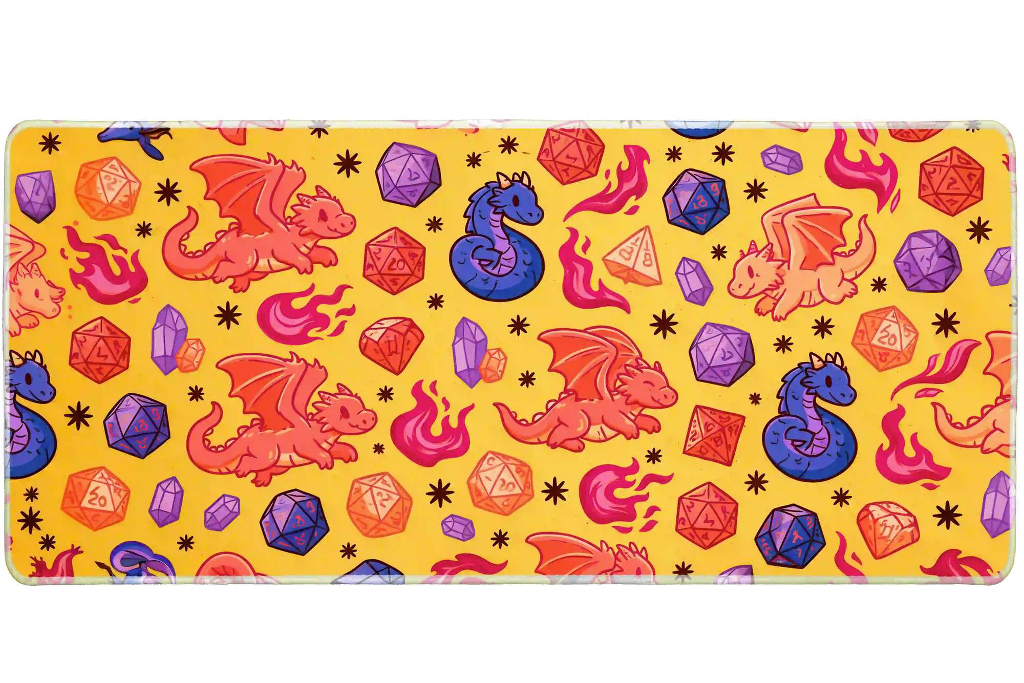 Extended mouse pad featuring the full cute dragon dice tabletop RPG design for work or gaming