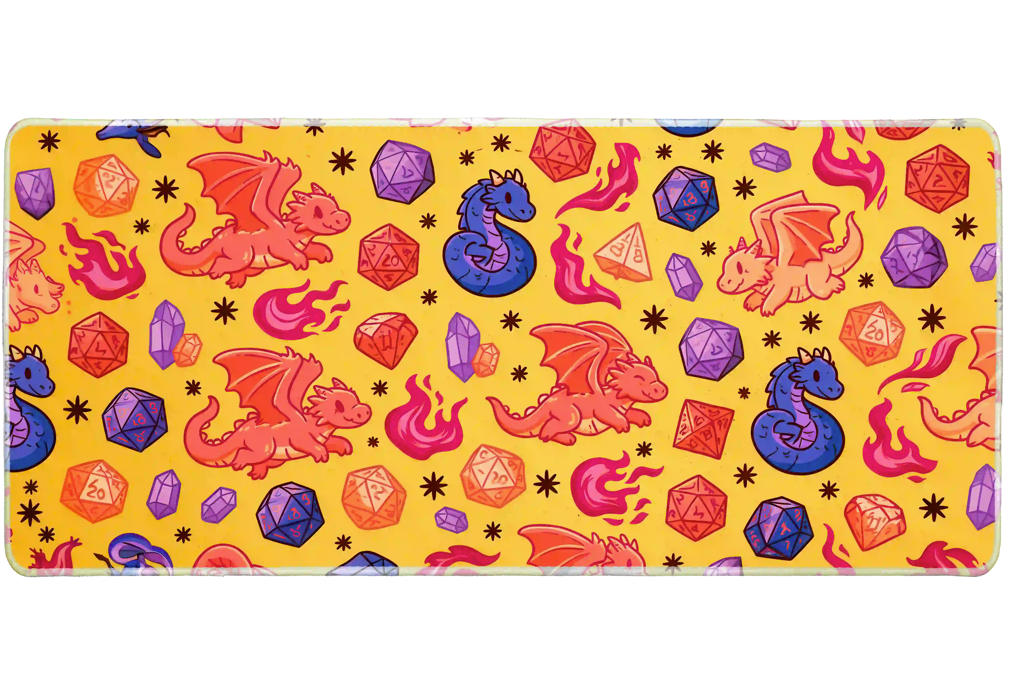Extended mouse pad featuring the full cute dragon dice tabletop RPG design for work or gaming