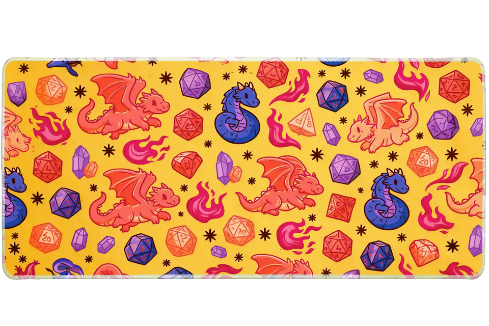 Extended mouse pad featuring the full cute dragon dice tabletop RPG design for work or gaming