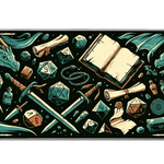 Complete dragon dice tabletop RPG fantasy artwork printed across a large keyboard and mouse mat