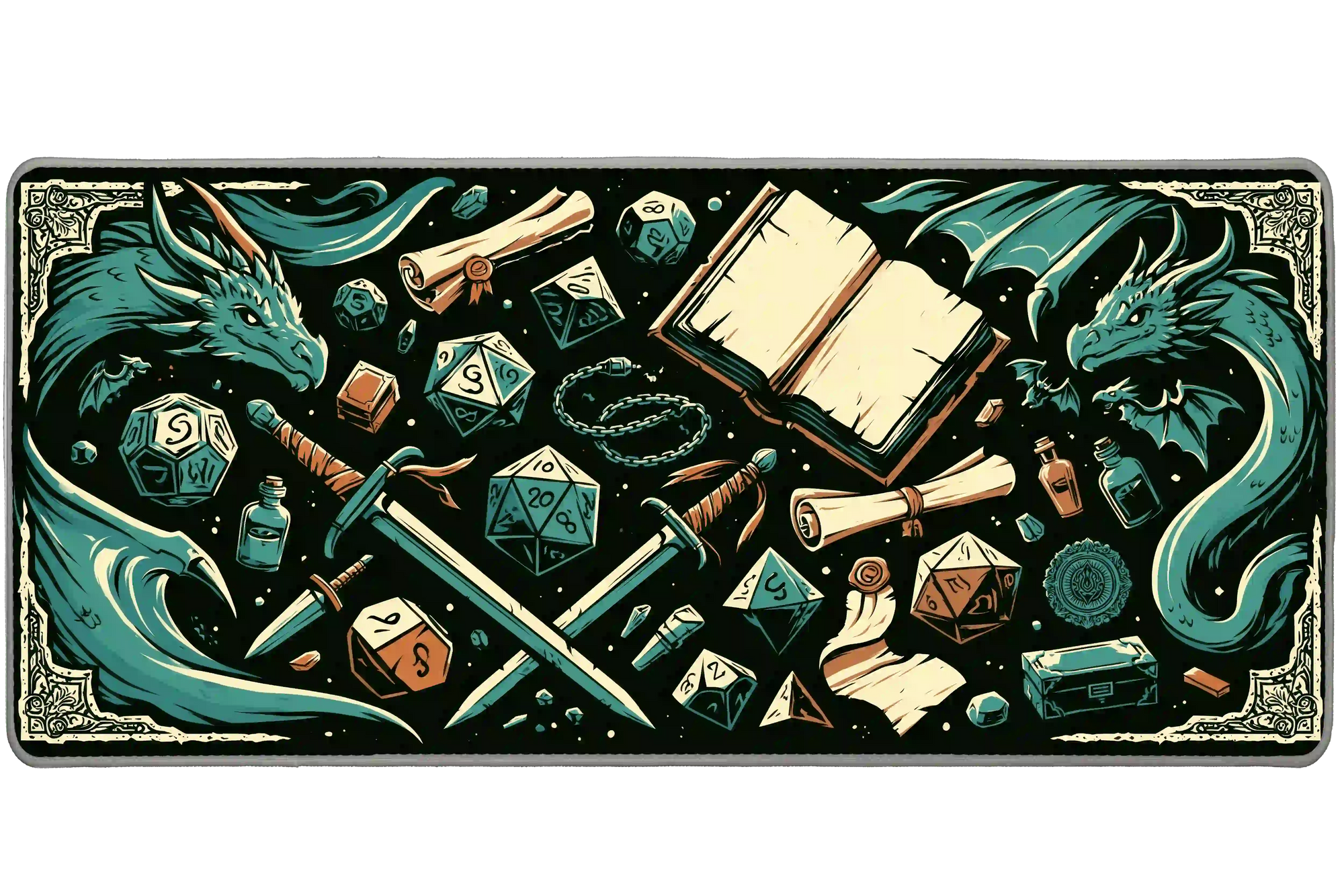 Complete dragon dice tabletop RPG fantasy artwork printed across a large keyboard and mouse mat
