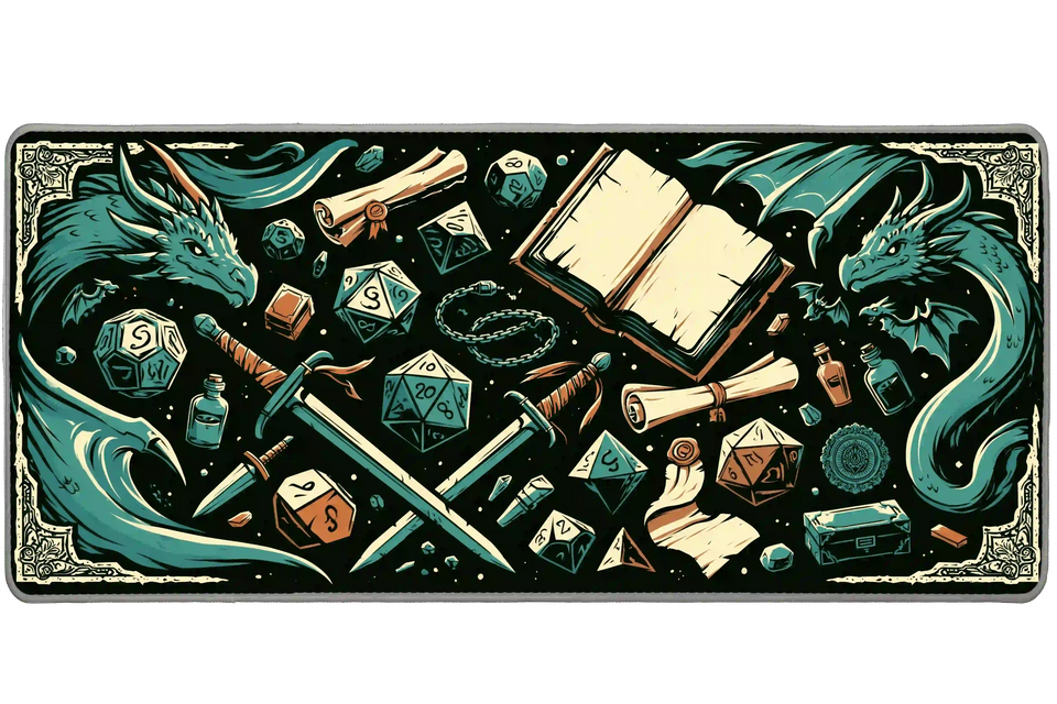 Complete dragon dice tabletop RPG fantasy artwork printed across a large keyboard and mouse mat