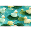 Cute Duck Lily Pond Cozy Animal desk mat with fluffy ducklings, turquoise water, lily pads, and soft
