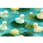 Cute Duck Lily Pond Cozy Animal desk mat with fluffy ducklings, turquoise water, lily pads, and soft