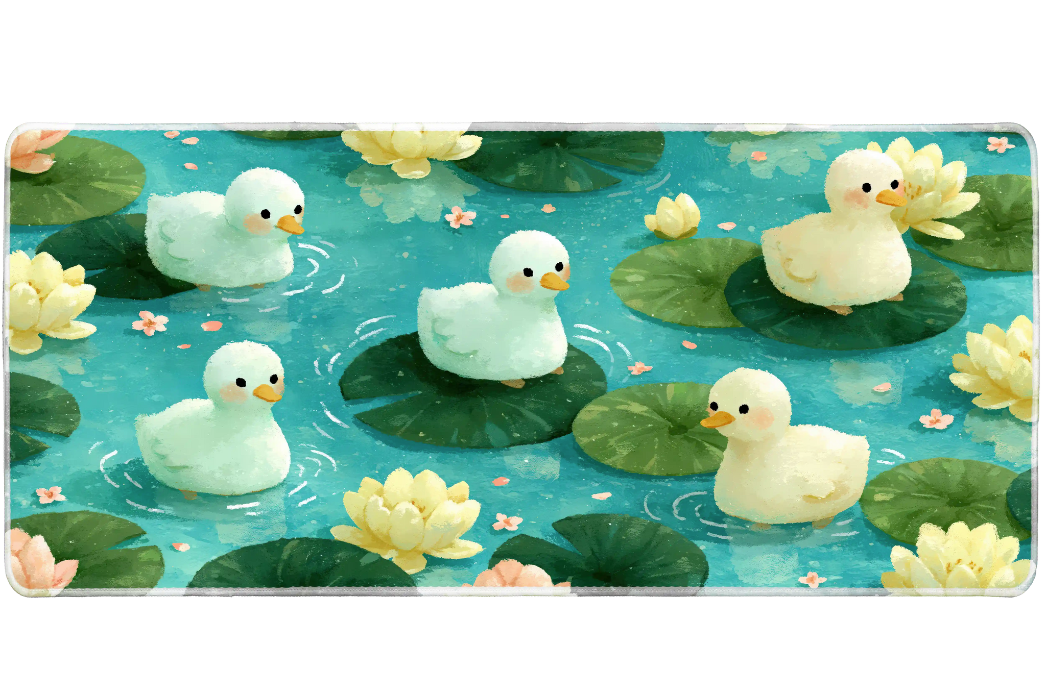 Cute Duck Lily Pond Cozy Animal desk mat with fluffy ducklings, turquoise water, lily pads, and soft
