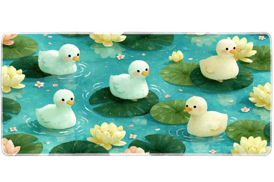 Cute Duck Lily Pond Cozy Animal desk mat with fluffy ducklings, turquoise water, lily pads, and soft