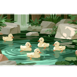 Duck Pond Waterfall Cute Nature desk mat with fluffy ducklings swimming among rocks, greenery