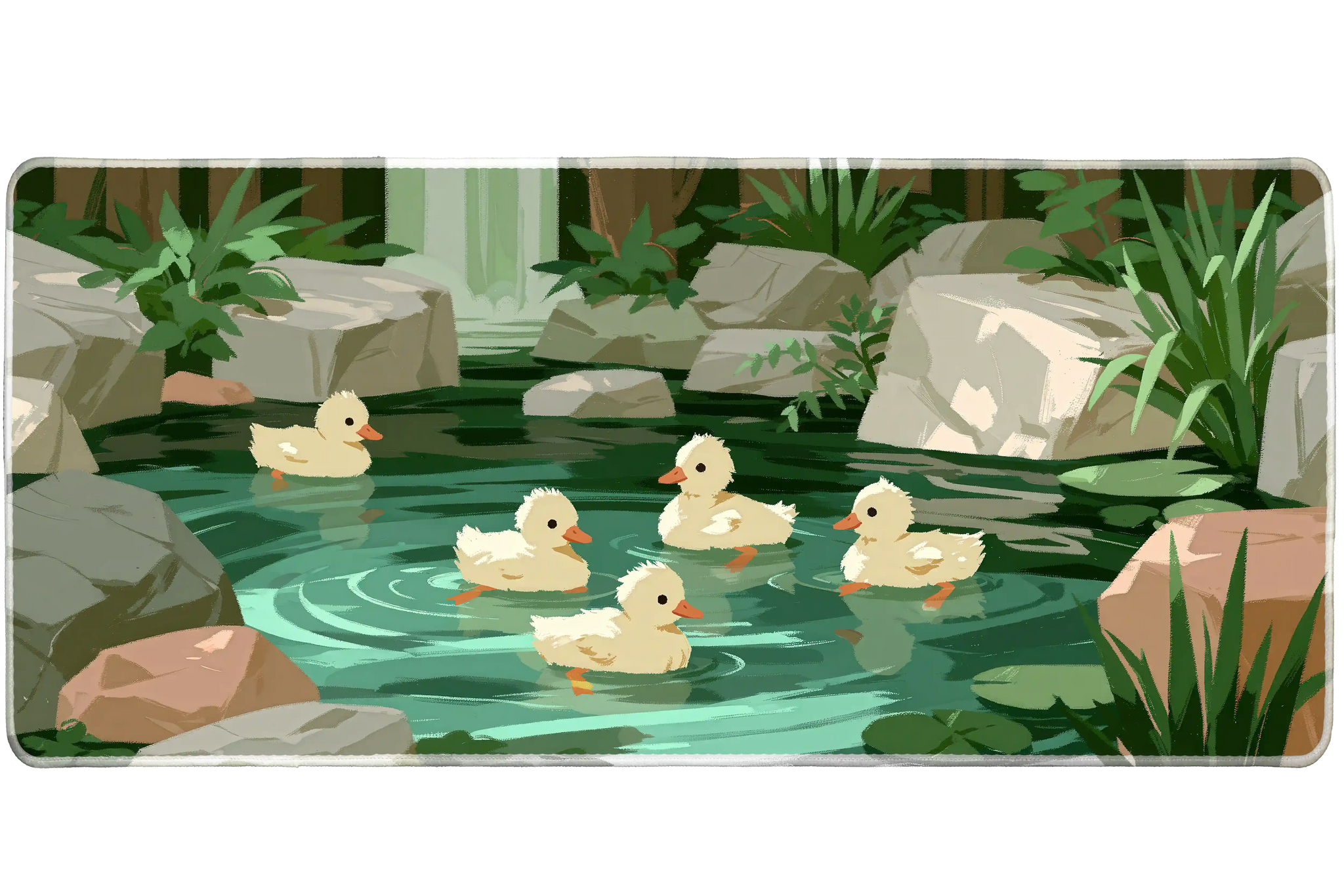 Duck Pond Waterfall Cute Nature desk mat with fluffy ducklings swimming among rocks, greenery