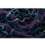 Eldritch root desk mat with tangled teal and purple tendrils and pink eye-like knots against black