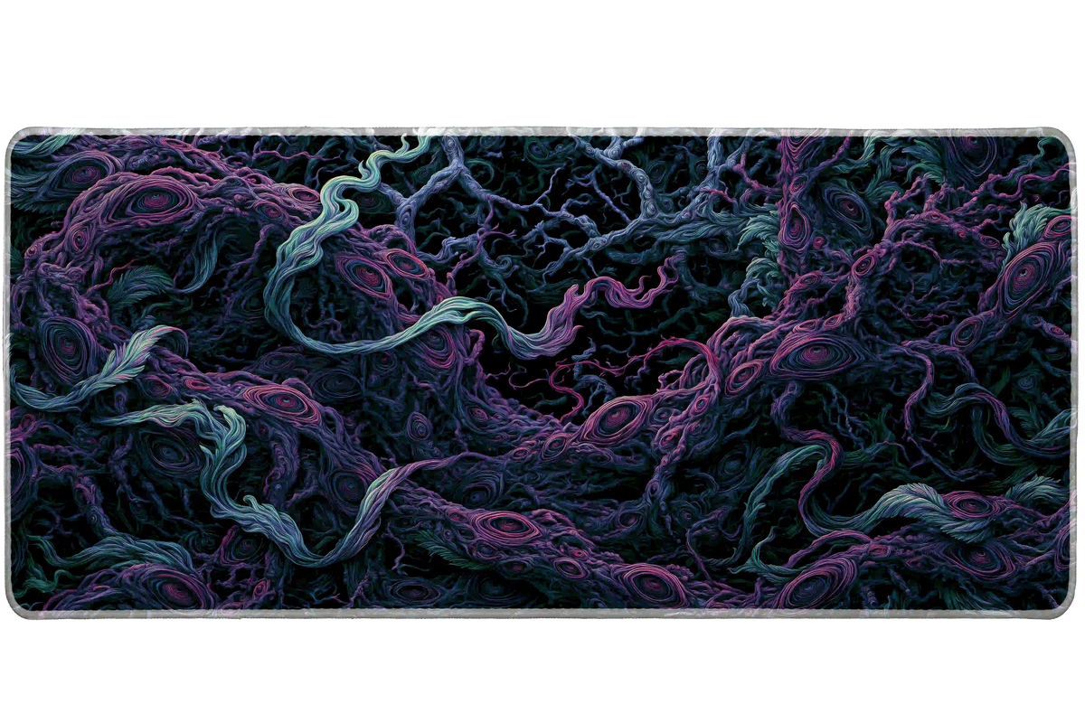Eldritch root desk mat with tangled teal and purple tendrils and pink eye-like knots against black