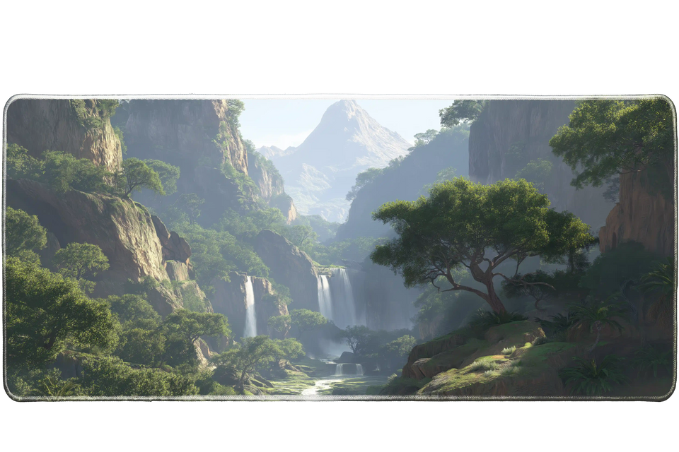 Serene Mountain Valley – Waterfall Nature desk mat and mouse pad by PrintMyPad