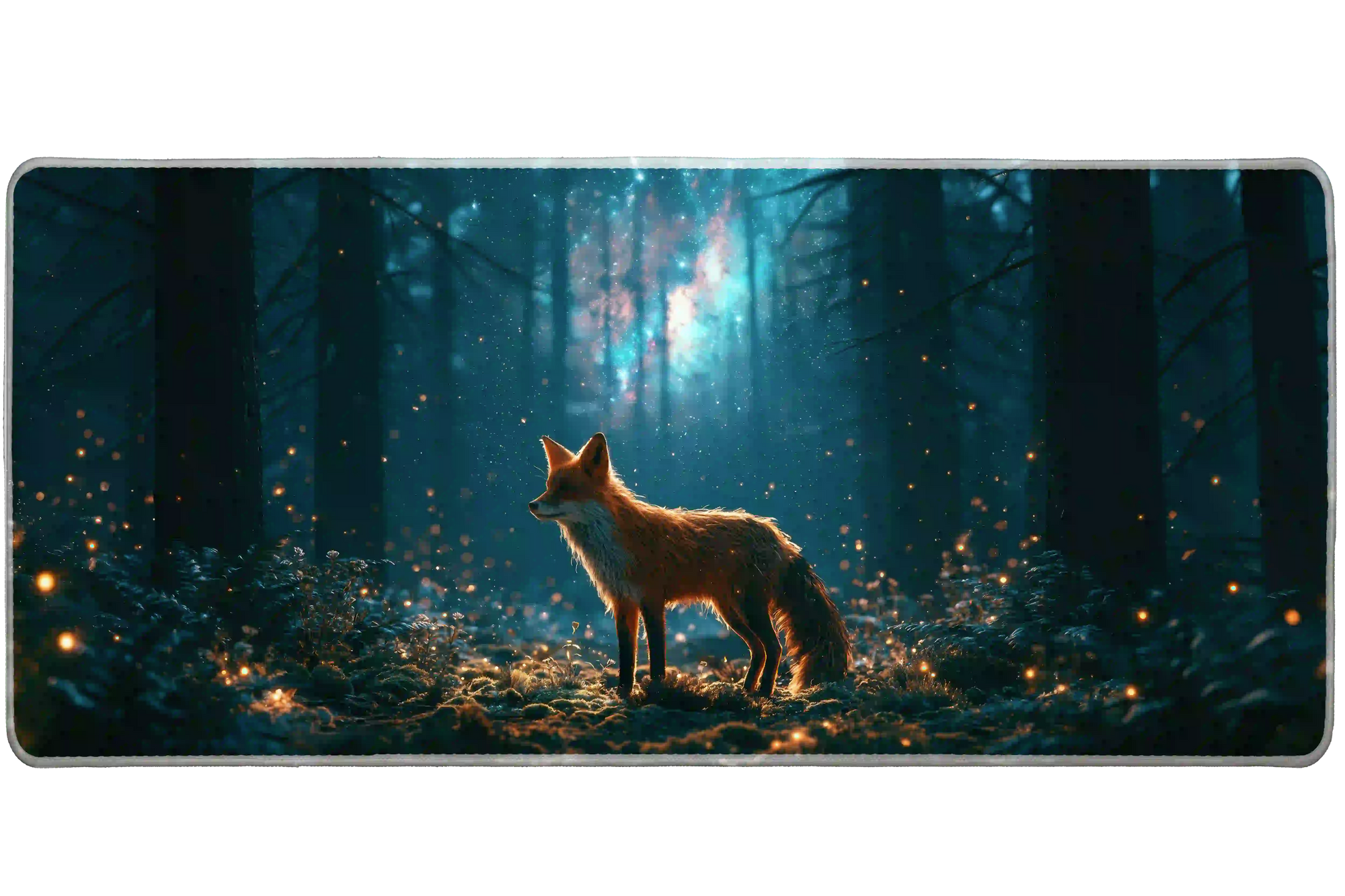 Enchanted fox forest firefly artwork on an extended desk mat for a full keyboard and mouse layout