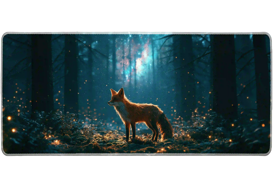 Enchanted fox forest firefly artwork on an extended desk mat for a full keyboard and mouse layout