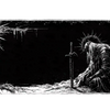 Black and white dark fantasy desk mat with a resting armored knight, upright sword and thorn-like border details