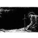 Black and white dark fantasy desk mat with a resting armored knight, upright sword and thorn-like border details