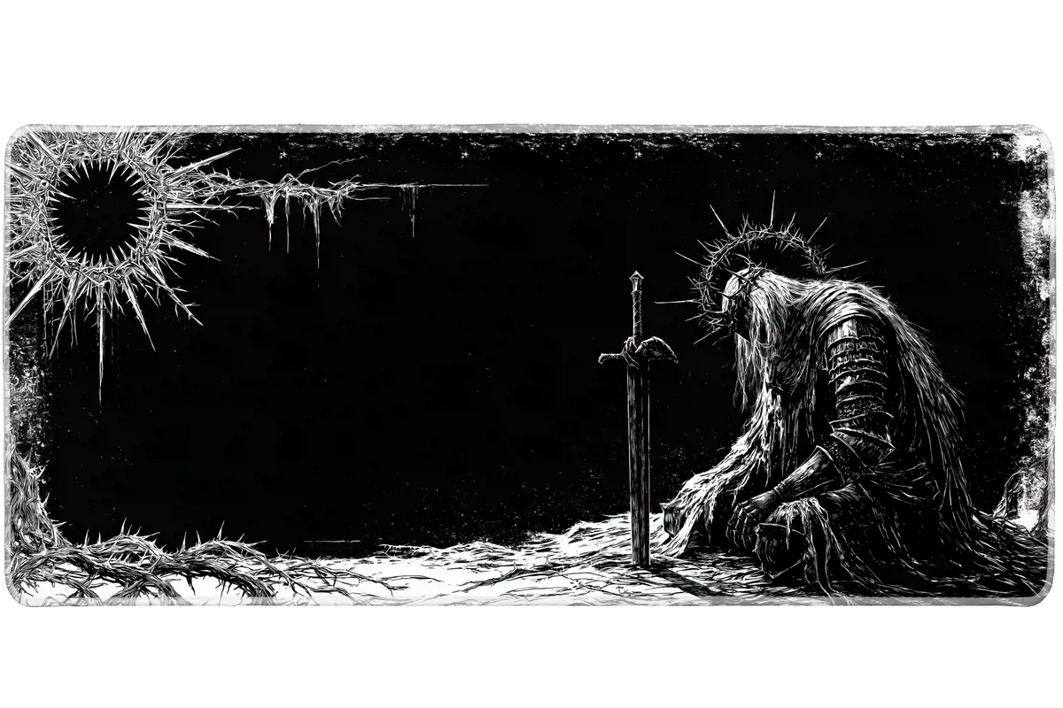 Black and white dark fantasy desk mat with a resting armored knight, upright sword and thorn-like border details