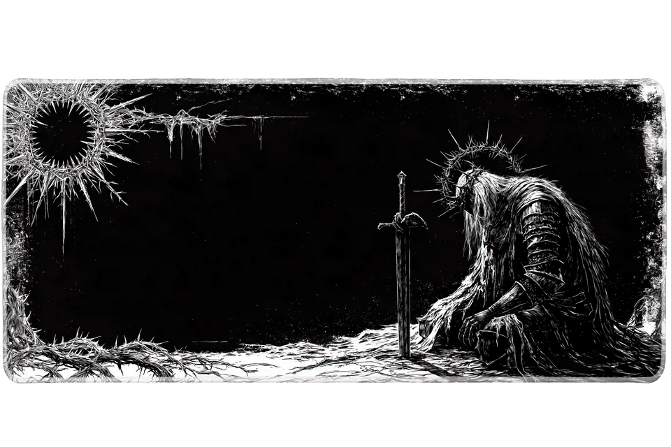 Black and white dark fantasy desk mat with a resting armored knight, upright sword and thorn-like border details