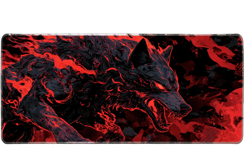 Fiery Wolf – Bold Red and Black Beast Art desk mat and mouse pad by PrintMyPad