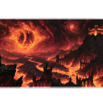 Full-width Gothic Fire Castle desk mat showing lava rivers, gothic ruins and a fiery storm sky