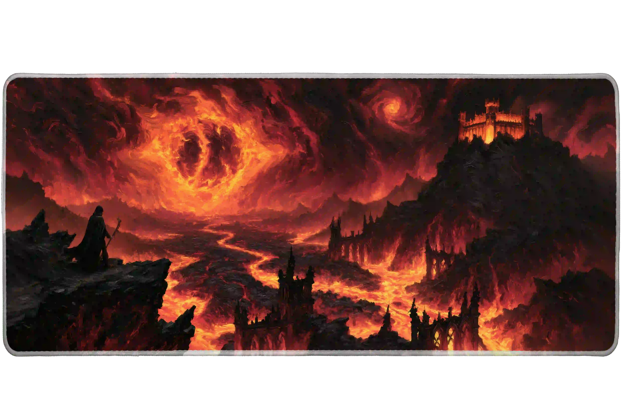 Full-width Gothic Fire Castle desk mat showing lava rivers, gothic ruins and a fiery storm sky