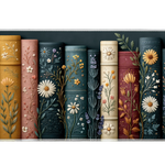 Embroidered Bookshelf Desk Mat | Vintage Spines artwork on an extended desk mat with embroidered bookshelf design
