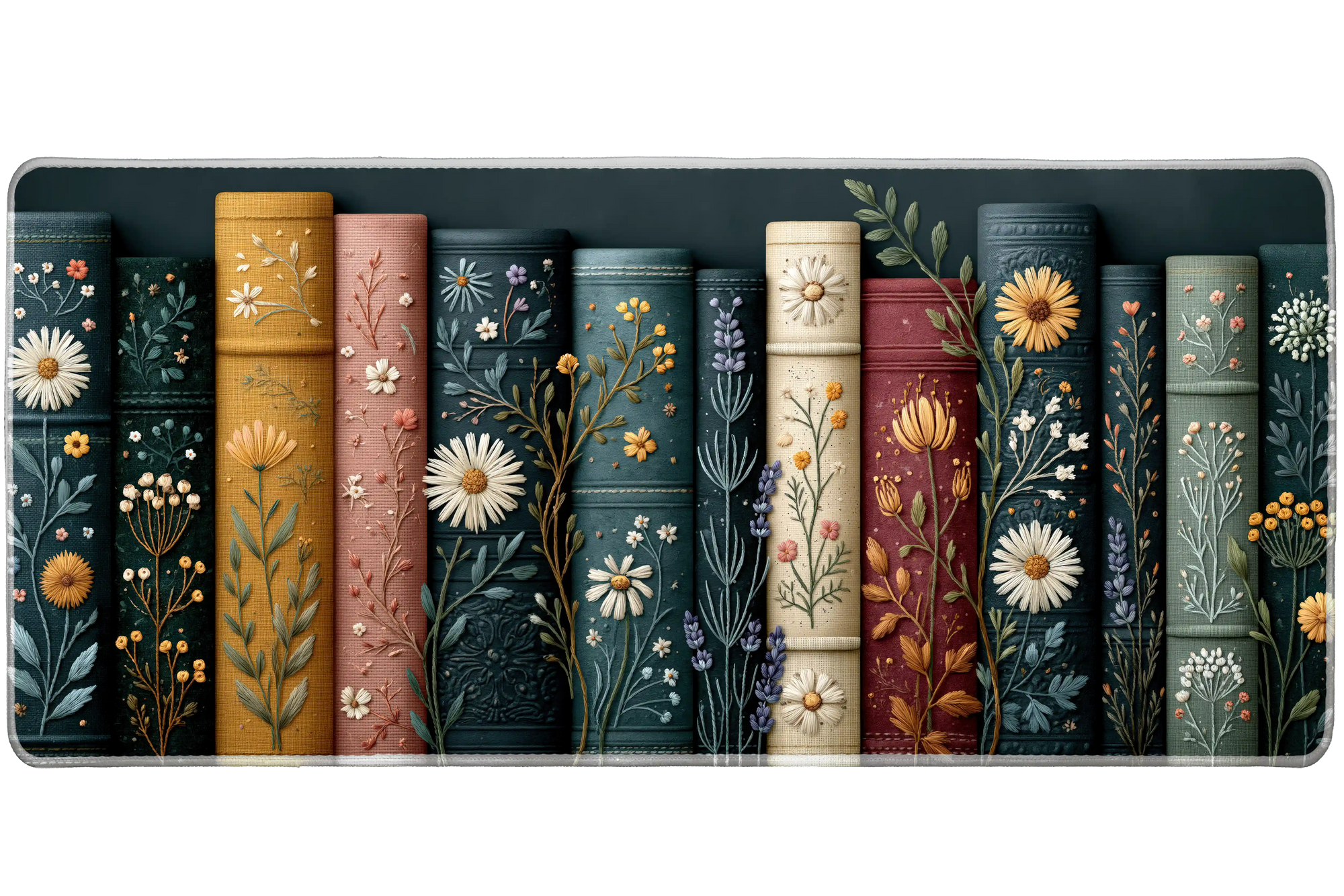 Embroidered Bookshelf Desk Mat | Vintage Spines artwork on an extended desk mat with embroidered bookshelf design