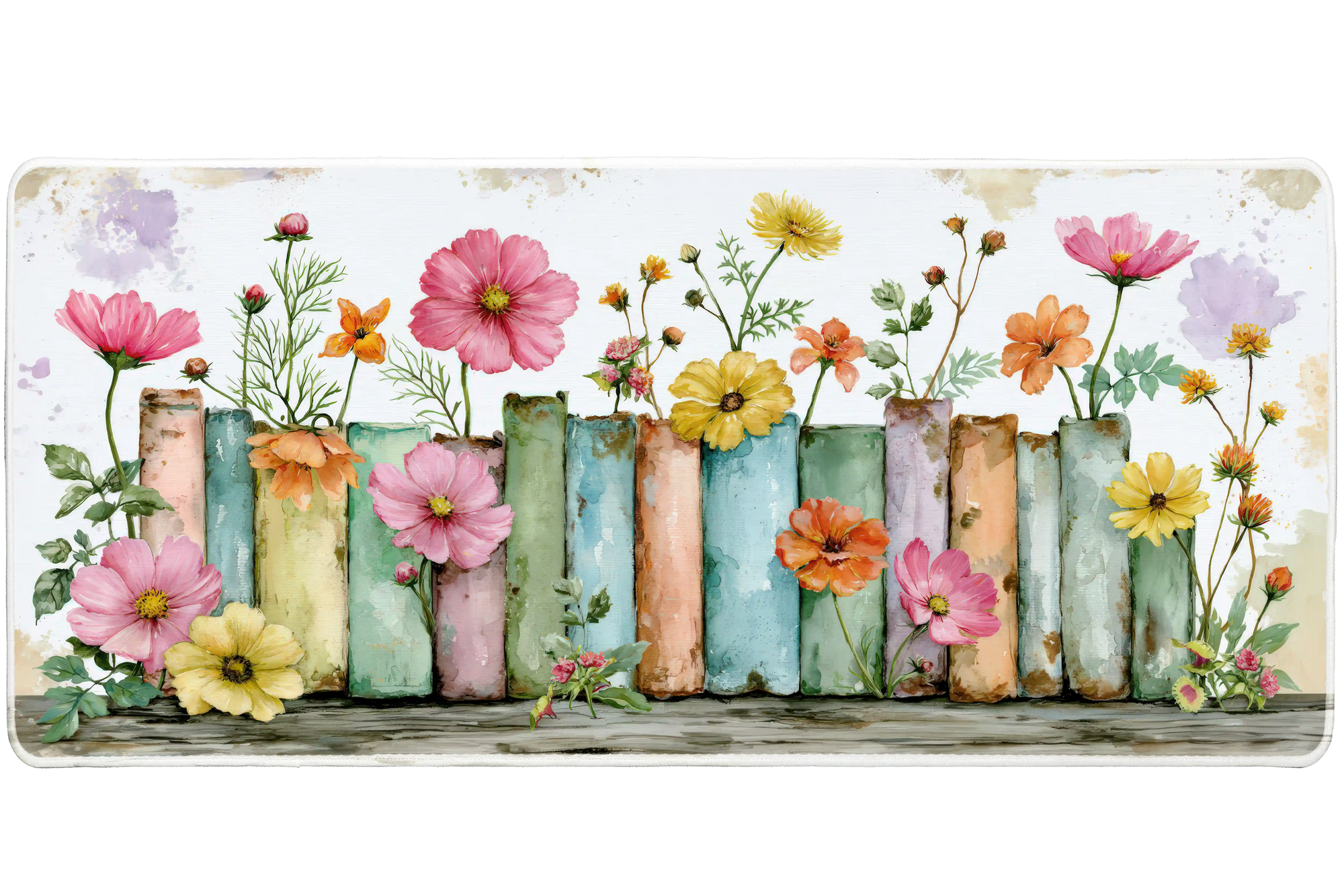 Watercolor Floral Books Desk Mat | Pastel Wildflowers artwork on an extended desk mat with watercolor floral books design