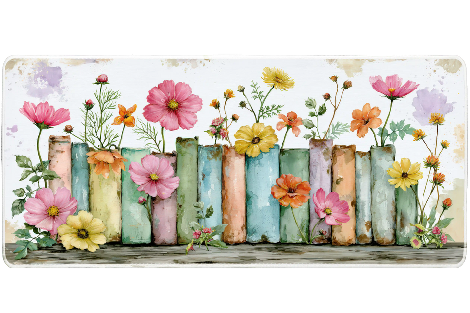 Watercolor Floral Books Desk Mat | Pastel Wildflowers artwork on an extended desk mat with watercolor floral books design
